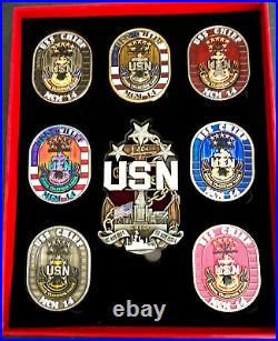 Amazing 8pc Set LE 3 Navy USN Chiefs Mess CPO Challenge Coin USS Chief (MCM-14)