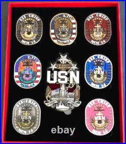 Amazing 8pc Set LE 3 Navy USN Chiefs Mess CPO Challenge Coin USS Chief (MCM-14)