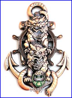 Awesome 3.5 Navy USN Chiefs Pride CPO Challenge Coin Okinawa Foo Dogs