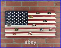 Large Wood American Flag Challenge Coin Display Military USAF Navy Marine