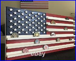 Large Wood American Flag Challenge Coin Display Military USAF Navy Marine