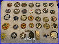 Lot of 31 MILITARY CHALLENGE COINS, MONEY CLIP, NAVY CAREER COUNSELOR BADGE