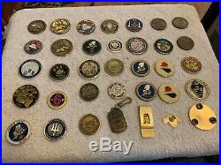 Lot of 31 MILITARY CHALLENGE COINS, MONEY CLIP, NAVY CAREER COUNSELOR BADGE