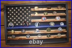 Thin Blue Line Challenge Coin Display Flag Handmade Wooden Police Coin Holder
