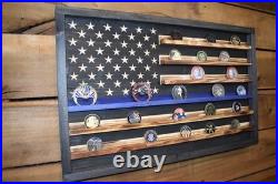 Thin Blue Line Challenge Coin Display Flag Handmade Wooden Police Coin Holder