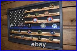 Thin Blue Line Challenge Coin Display Flag Handmade Wooden Police Coin Holder