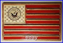 US Navy Solid Hardwood Challenge Coin Display Flag 36x20 NAT/RED