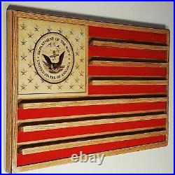 US Navy Solid Hardwood Challenge Coin Display Flag 36x20 NAT/RED
