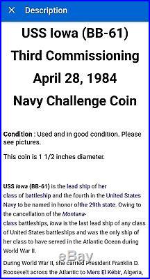 Uss Iowa (bb-61) Third Commissioning April 28th, 1984. Navy Challenge Coin
